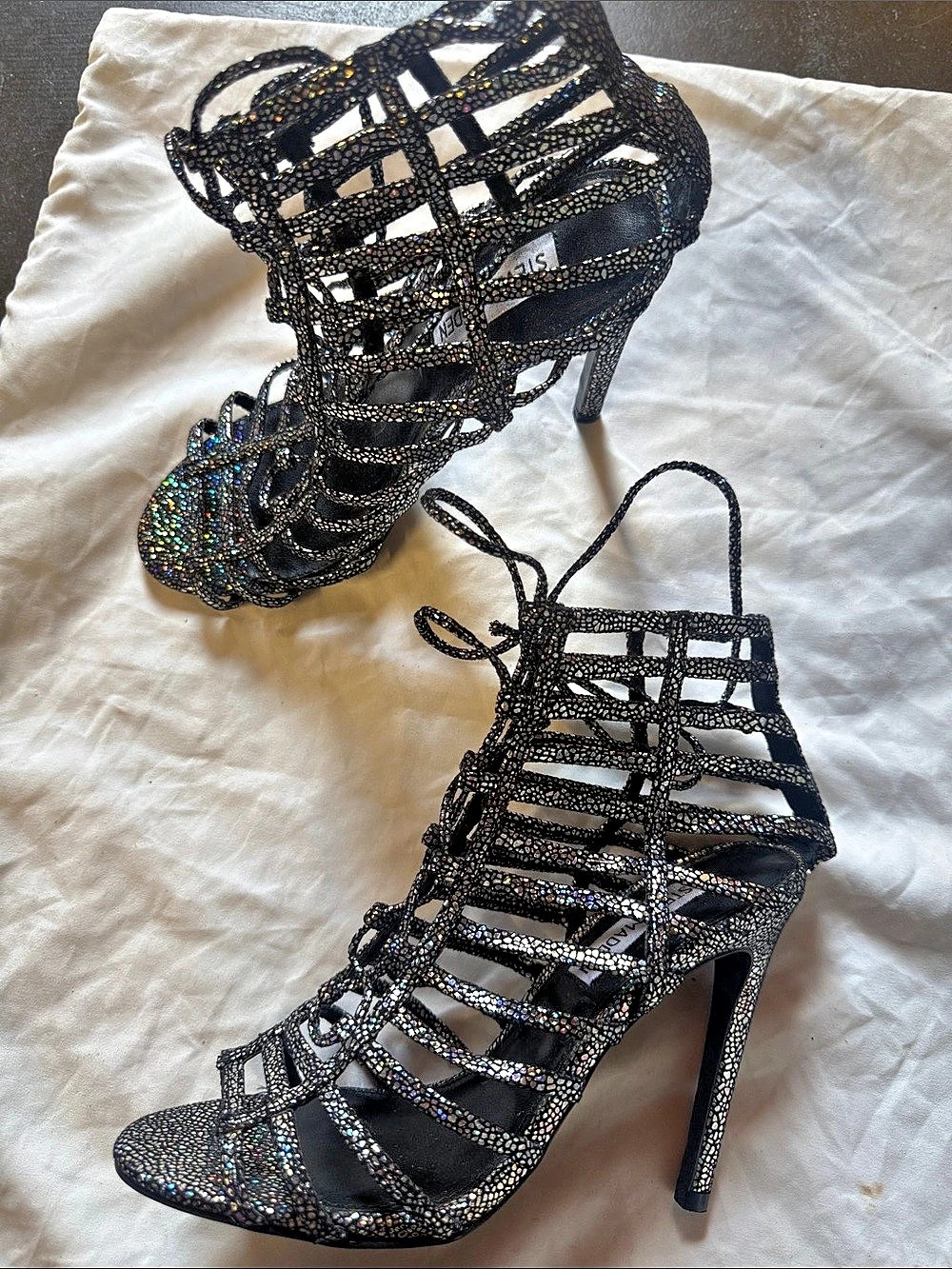 Steve Madden Caarmen Black Glitter Lace-Up Stiletto Heels